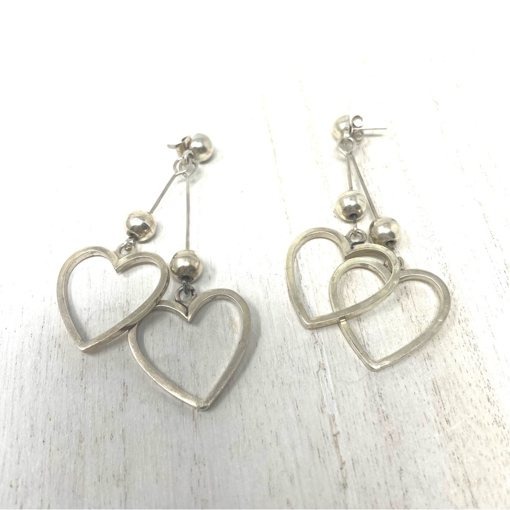 Sterling Silver Double Heart Dangle Post Earrings… - image 8